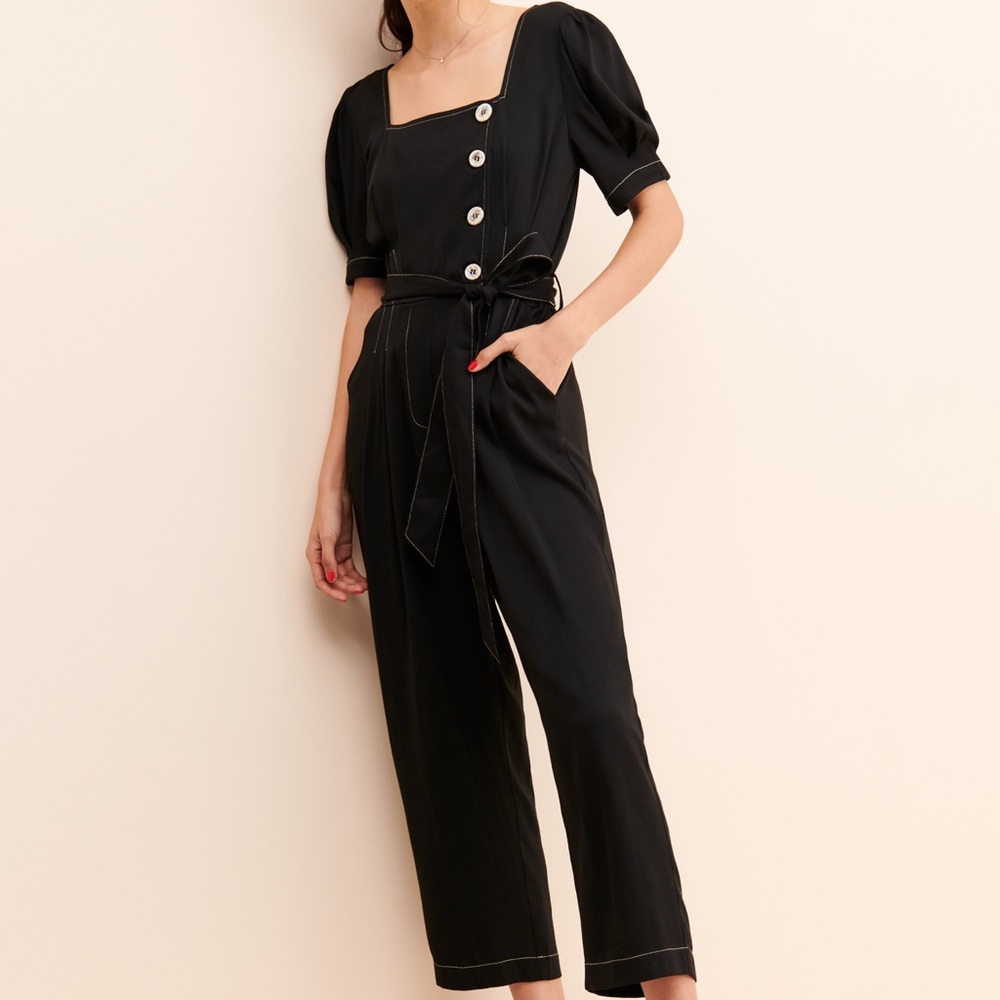 Moon River Tie Waist Button Up Jumpsuit